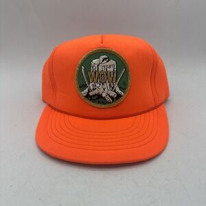 Vintage Trucker Hat Adults WOW Patch Hunting 80s 90s Safety Orange